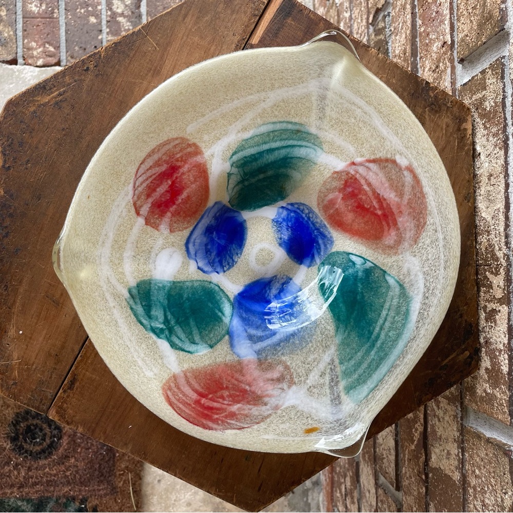 Fused Glass Bowl 12” Diameter Red Blue Green & Cream Gorgeous! Unmarked